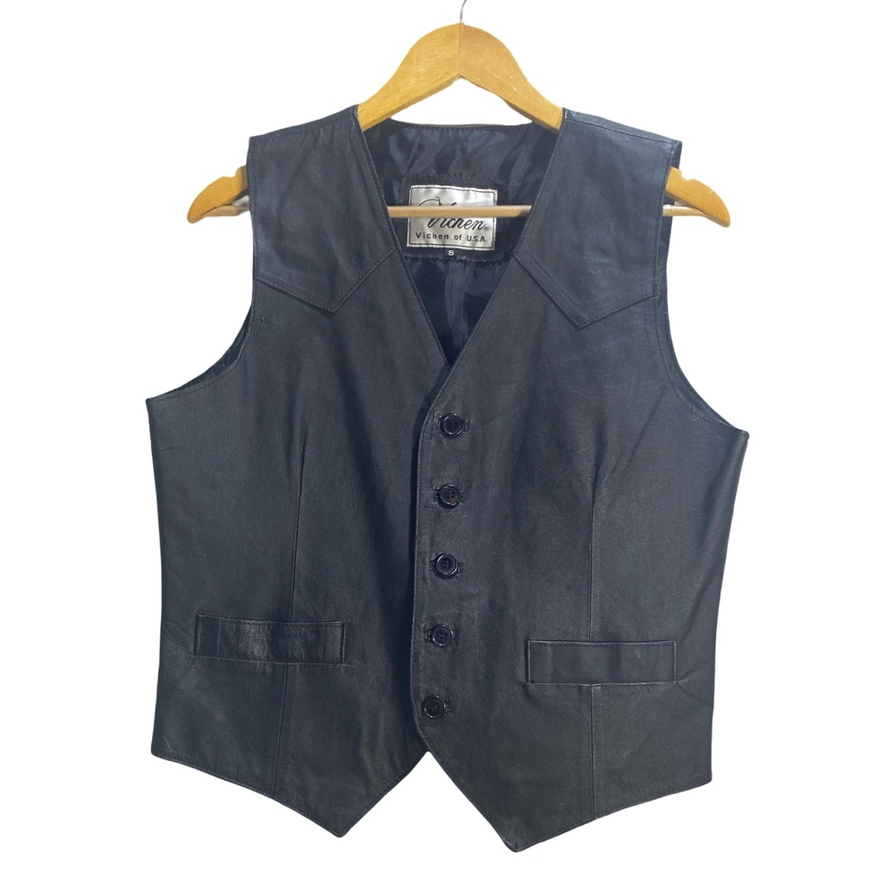 Vichen of USA Mens Black Genuine Leather Western Vest Size Small Biker Old Money